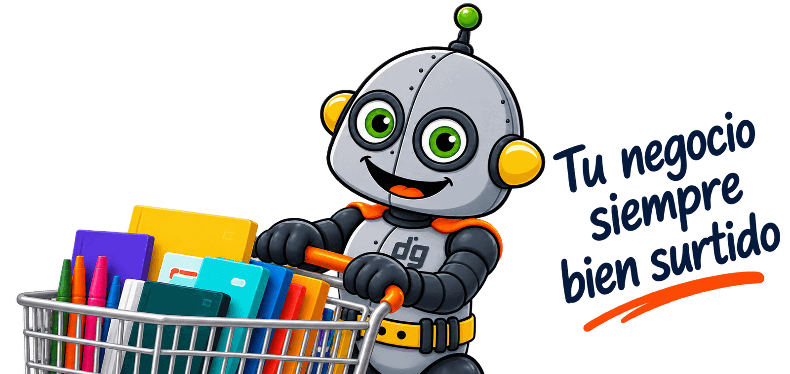 Robbie de DGstore con productos de papelería